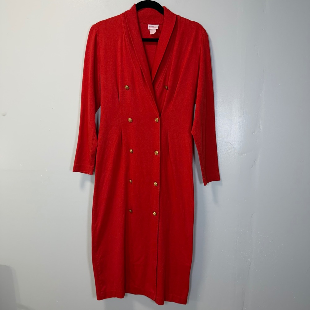 Vintage Avon Fashions Red Double Breasted Knit Midi Dress Gold Buttons